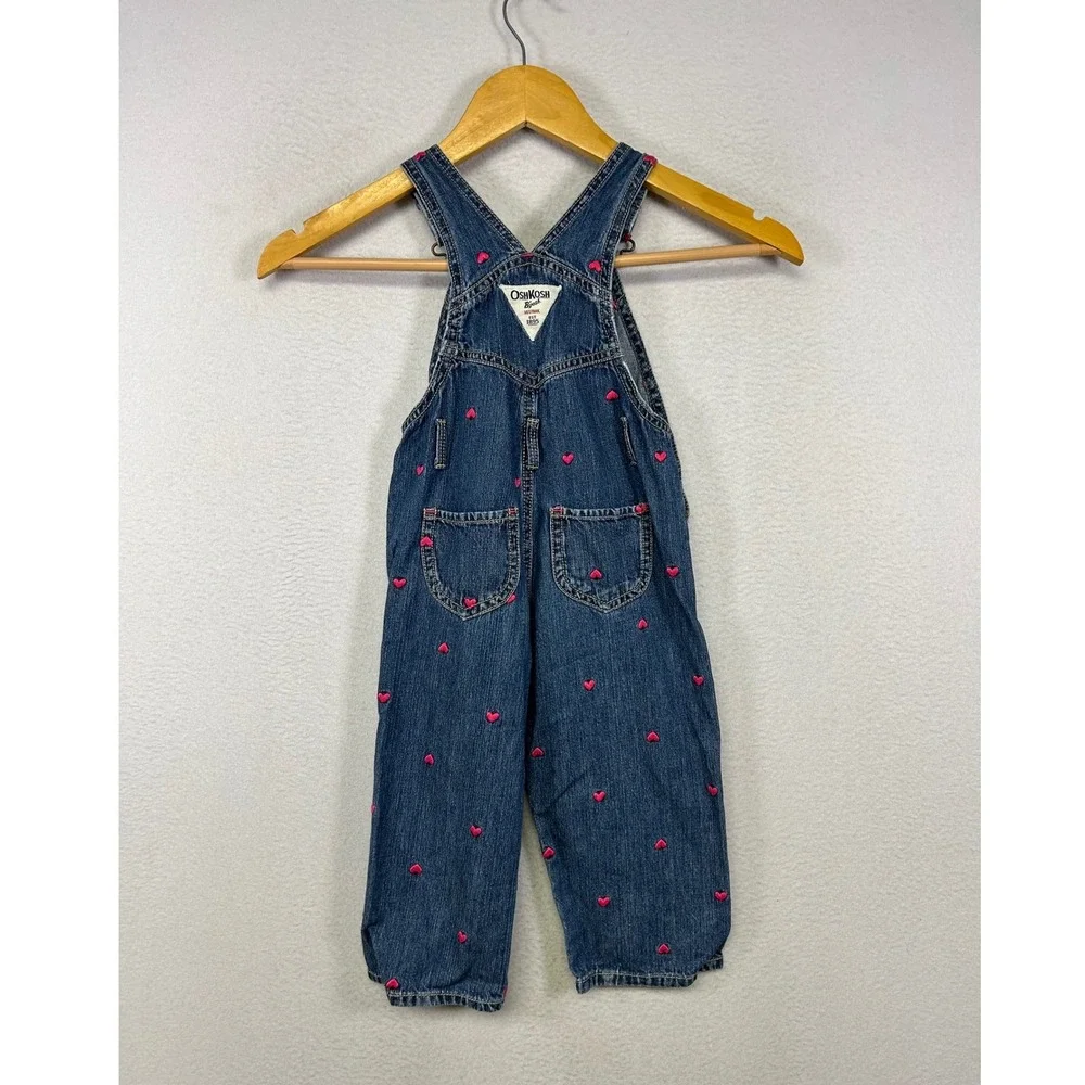 Valentine Heart OshKosh B'gosh Toddler 2T Blue Pink Embroidered Denim Overalls